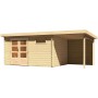 Unbehandeltes Karibu Holz-Gartenhaus Ängelholm mit Pultdach und Anbau.