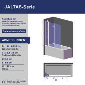 Aquabatos Badewannenfaltwand 150 x 140 cm 3tlg. Badewannenaufsatz Dusche Duschabtrennung Duschwand für Badewanne 5mm ESG Echtglas