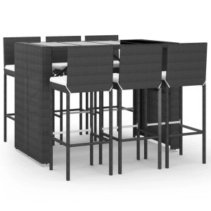 Schwarzes 7-tlg. vidaXL Gartenbar-Set aus Poly Rattan mit Tisch, 6 Hockern und cremeweißen Kissen.