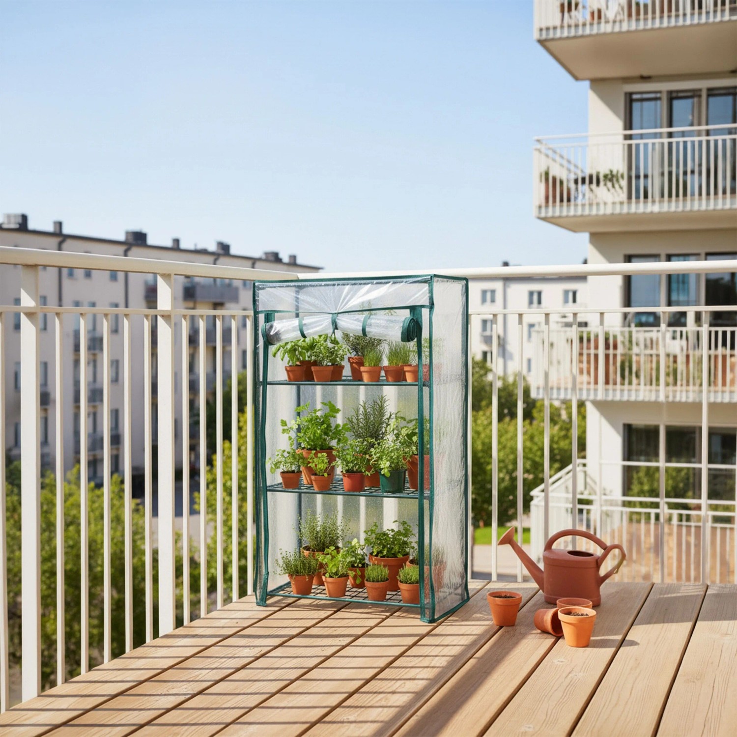 Grünes Balkongewächshaus aus Stahl mit transparenter PVC-Folie, aufgerollter Tür und 3 Etagen voller Pflanzen auf Holz-Balkon.