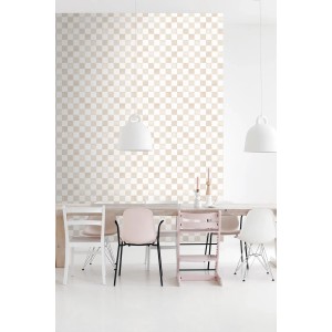 ESTAhome Tapete mit Karomuster in Beige und Weiß im Esszimmer.
