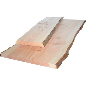 Zwei unbesäumte Douglasie Massivholzplatten (120x25x3 cm) für Regalböden und Möbelbau.