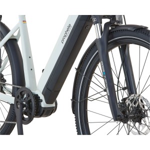 Prophete Entdecker 5.0 Trekking E-Bike, 28 Zoll, Grau-Schwarz, mit Mittelmotor und integriertem Akku.