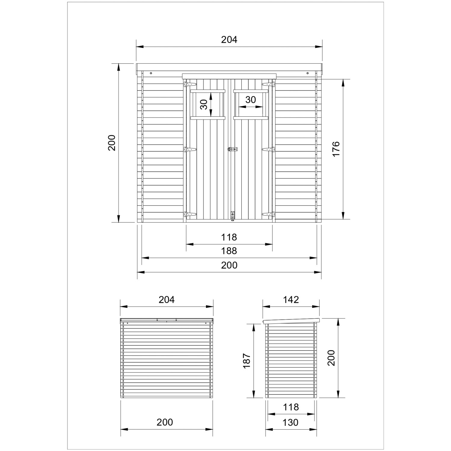 Skizze: Timbela Gartenhaus M311, 2,22 m², Holz Fahrradschuppen mit Maßangaben.