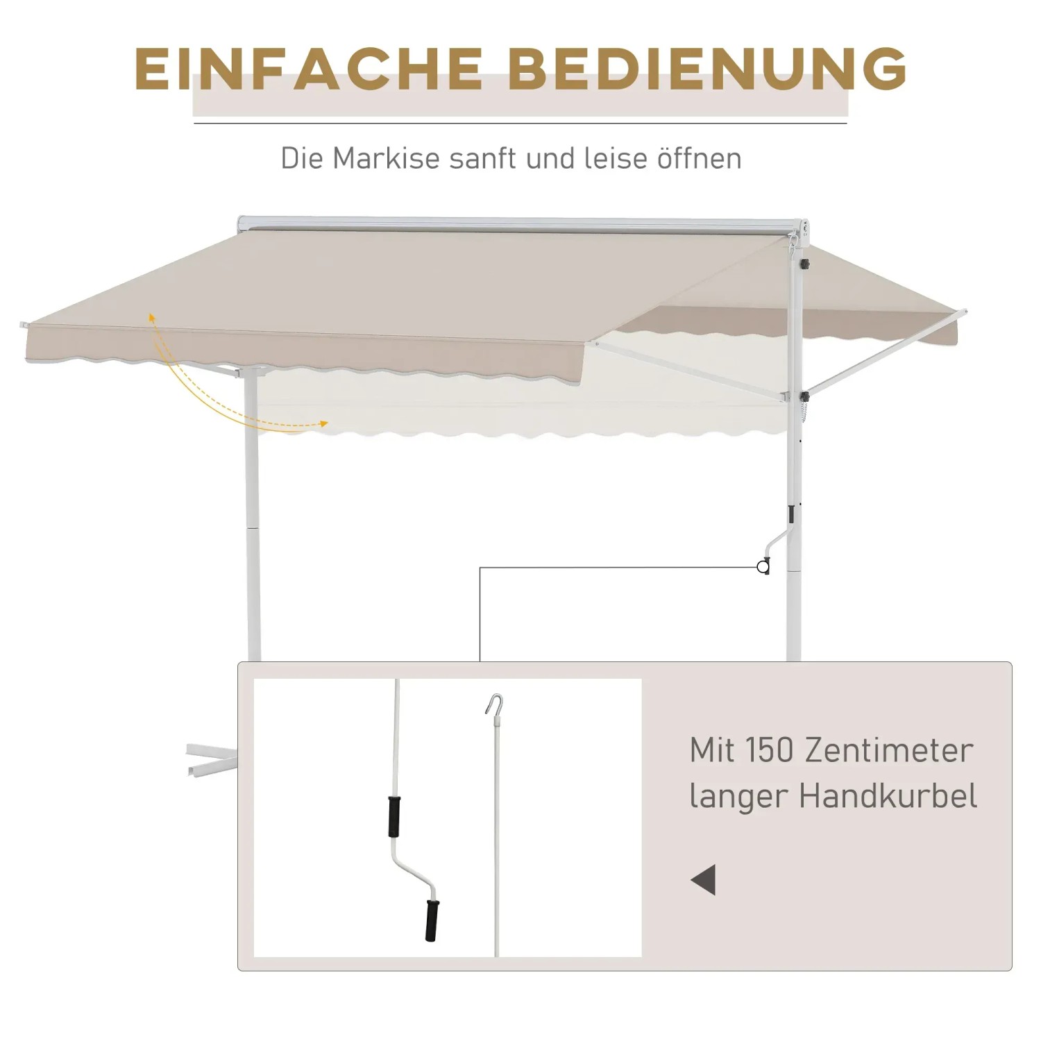 Freistehende, cremeweiße Outsunny Markise aus Metall und Polyester, mit Handkurbel.