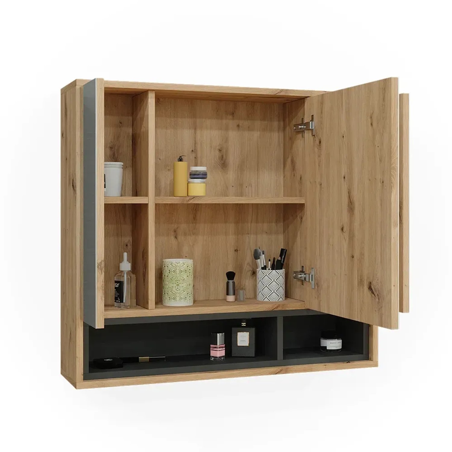 Vicco Badspiegelschrank Beatrice, Eiche/Anthrazit, 80cm breit, mit offenen Fächern und Spiegeltüren.