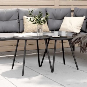 vidaXL 2er Set Garten-Couchtische, rund, schwarz, aus pulverbeschichtetem Stahl.