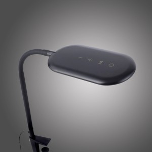 Schwarze LED-Klemmleuchte Kelly von Just Light mit Touchdimmer und flexiblem Arm.
