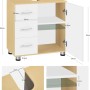 Weißer Waschbeckenunterschrank in Holzoptik mit 3 Schubladen, Tür, verstellbaren Fächern und Siphonausschnitt. Maße 60x60x30 cm.
