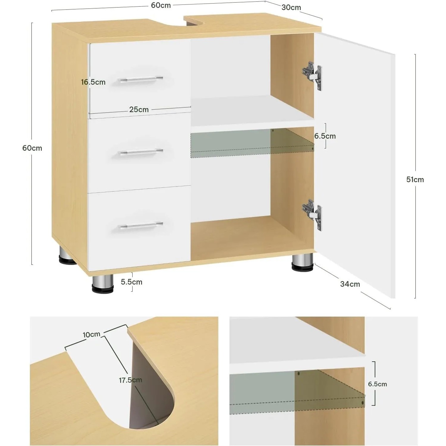 Weißer Waschbeckenunterschrank in Holzoptik mit 3 Schubladen, Tür, verstellbaren Fächern und Siphonausschnitt. Maße 60x60x30 cm.