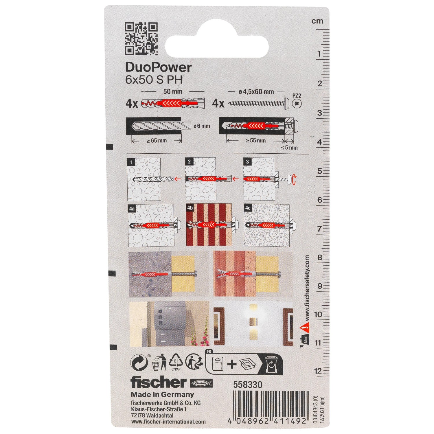 Fischer Universaldübel DuoPower 6x50 mm, 4er-Pack. Universaldübel mit Schrauben für sicheren Halt in versch. Materialien.