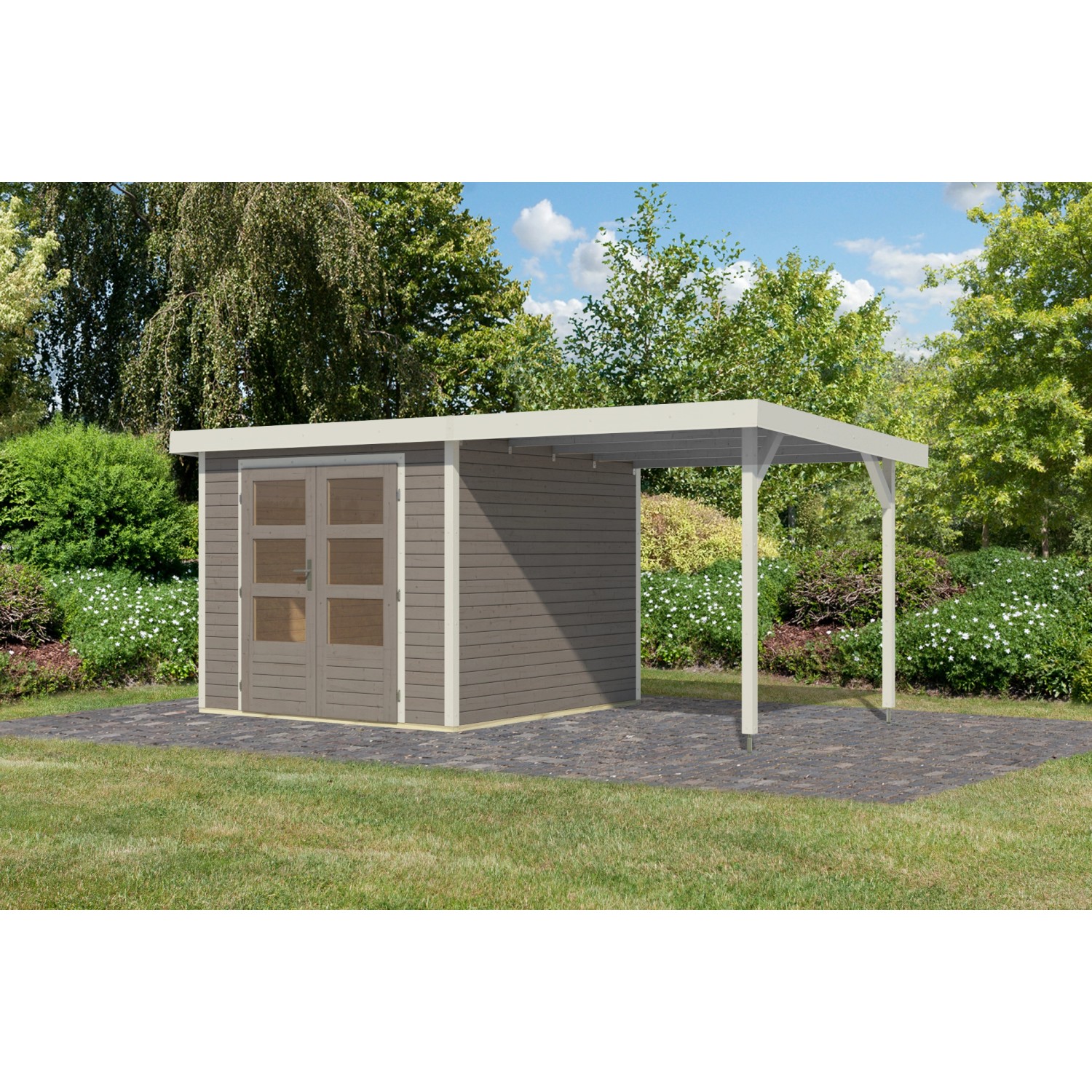 Karibu Gartenhaus Ernesto 3,5 D m. Anbaudach Wassergrau/Weiß 209 x 238 x 24 günstig online kaufen