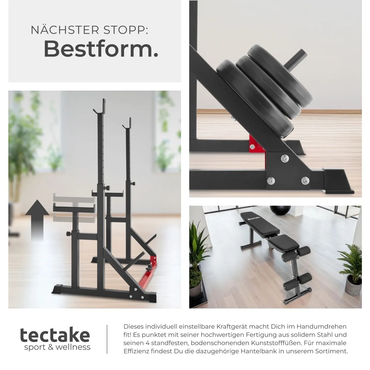Tectake Squat Rack Creed, multifunktional mit Ablagen, schwarz. Sport- & Fitnessgerät für Hantelübungen.