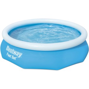 Blauer Bestway Fast Set Pool, Ø 305 cm, runder Quick-Up Pool mit weißem Luftring und Wasser.