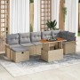 Beiges 8-teiliges Garten-Sofa-Set aus Polyrattan von vidaXL. Gartenmöbel mit Tisch und grauen Auflagen.
