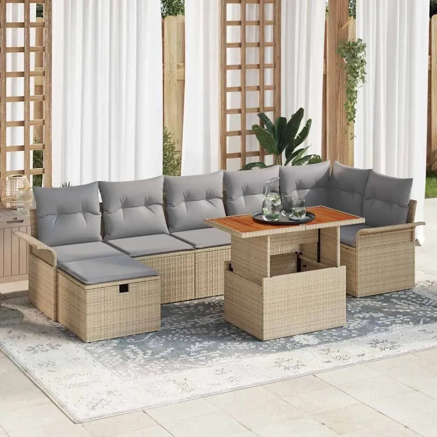 Beiges 8-teiliges Garten-Sofa-Set aus Polyrattan von vidaXL. Gartenmöbel mit Tisch und grauen Auflagen.