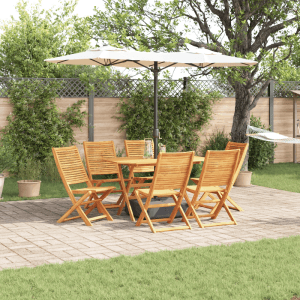 7-tlg. Outdoor-Essgruppe aus Akazienholz mit Tisch, Stühlen und Sonnenschirm für Garten oder Terrasse.