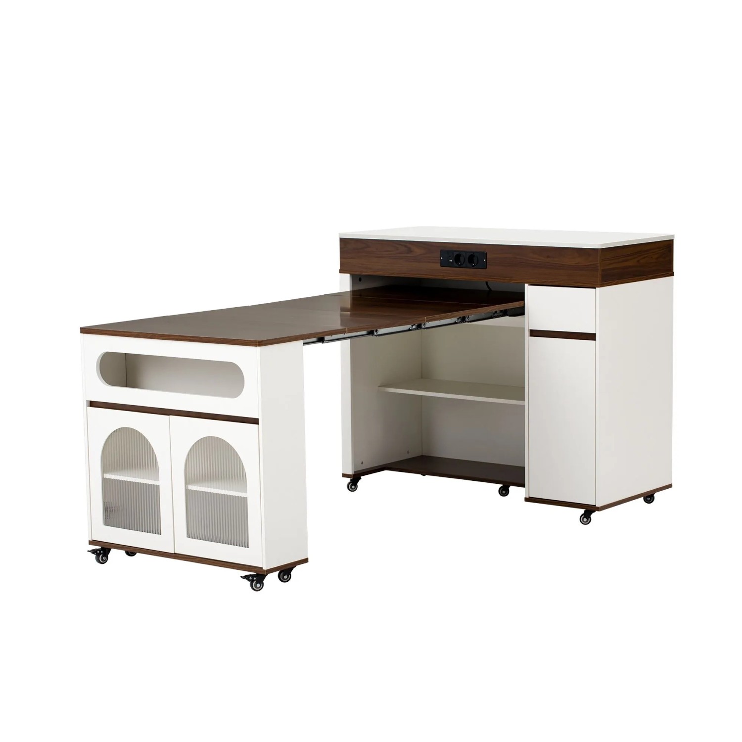 okwish Kücheninsel mit Rollen Ausziehbarer Esstisch mit Steckdosen 187x110.5x95cm Weiß Braun