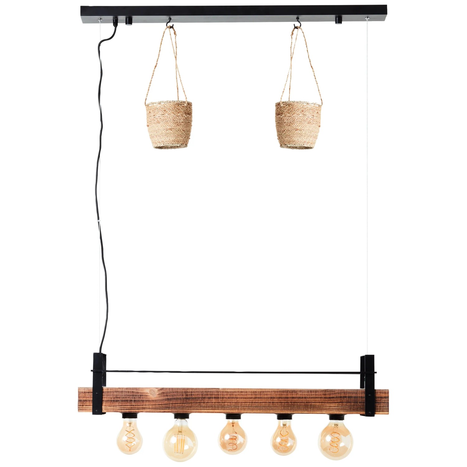 Brilliant Pendelleuchte Bankwood, 5-flammig, Holz/Schwarz. Hängelampe im Industrial Design.