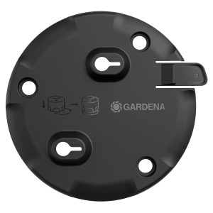 Schwarze Gardena AquaPrecise Anschlussplatte für oberirdische Regner-Installation.