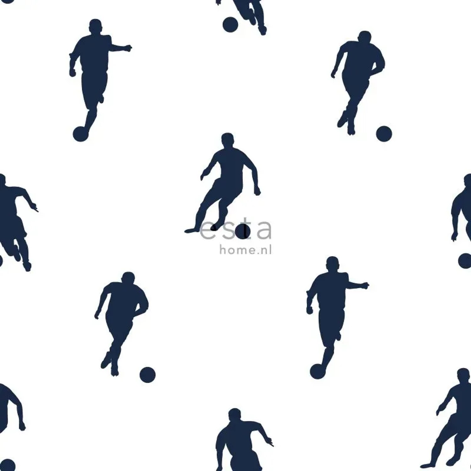 ESTAhome Tapete Fußballspieler dunkelblau, Muster mit Fußball Motiven für Kinderzimmer.