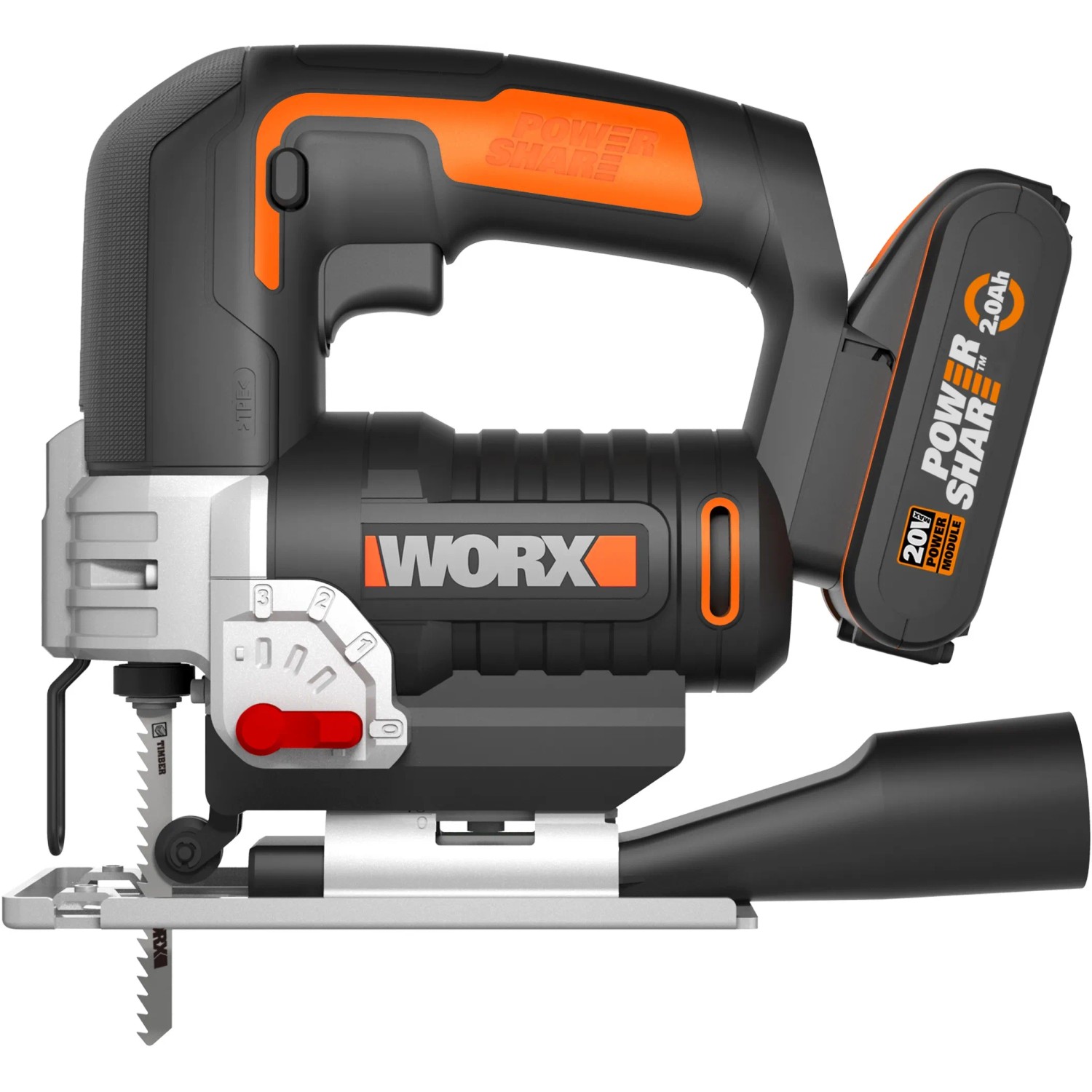 Worx 20 V Akku-Stichsäge WX543 mit 2 Ah Akku. Kompakte Bauform, variable Geschwindigkeit, Staubabsaugung.