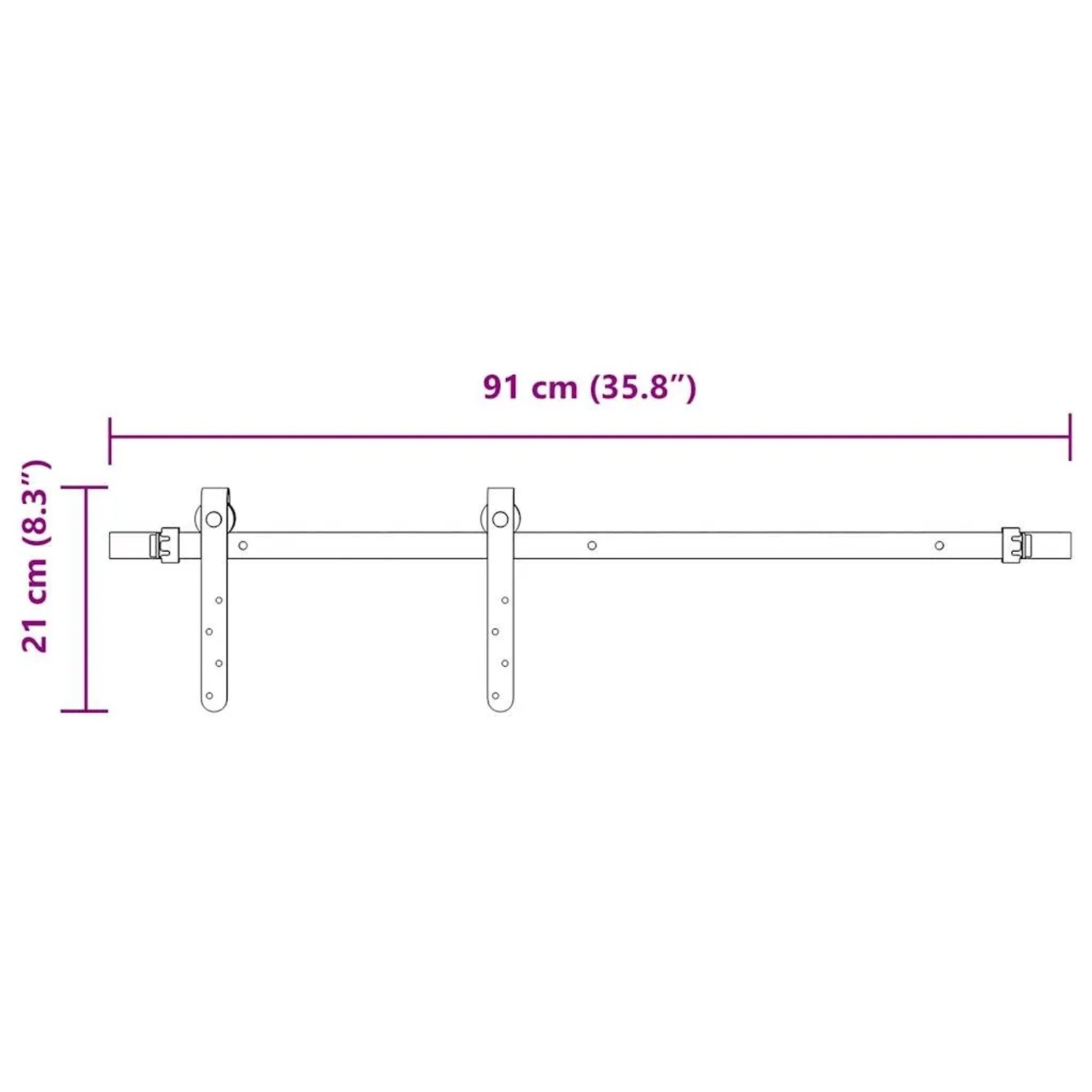 vidaXL Schiebetürbeschlag Set 91cm, Karbonstahl, für Schranktüren. Detailansicht der Maße.