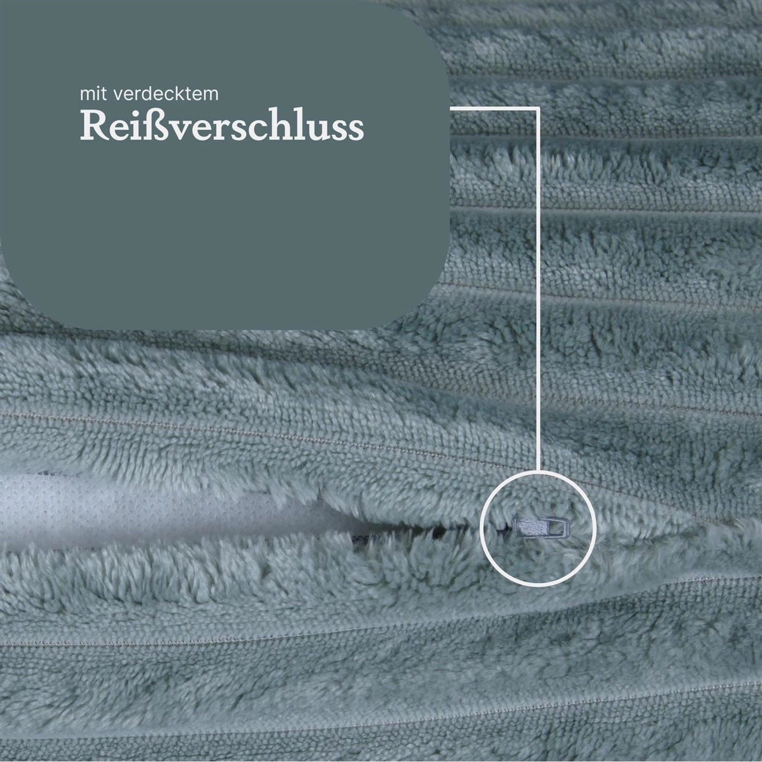 Detailaufnahme: Graugrünes Bestlivings Sofakissen (40x40 cm) mit Cord-Optik und Reißverschluss.