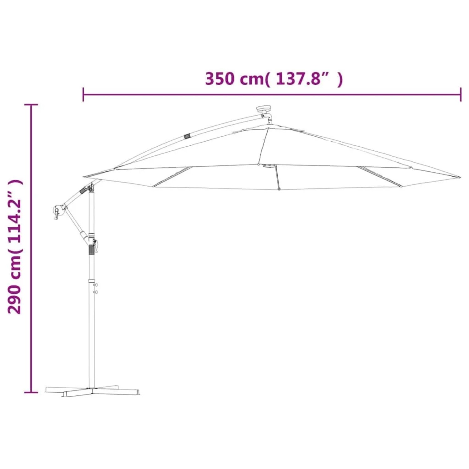 Grüner Ampelschirm 350 cm mit LED-Beleuchtung, Metall-Mast und Kreuzfuß.