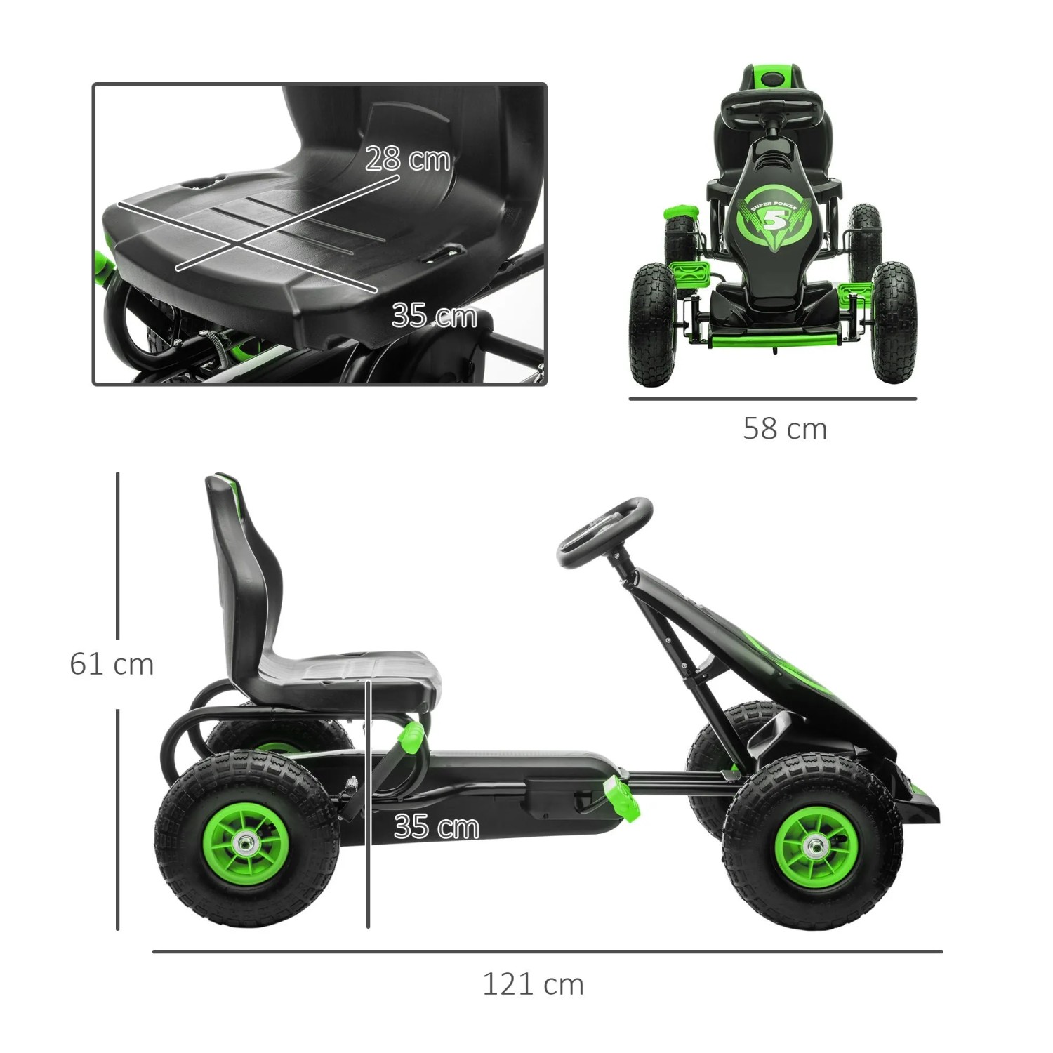 HOMCOM Gokart Kinderfahrzeug, schwarz-grün, mit Pedalen und verstellbarem Sitz. Robuste Gummireifen für Fahrspaß.