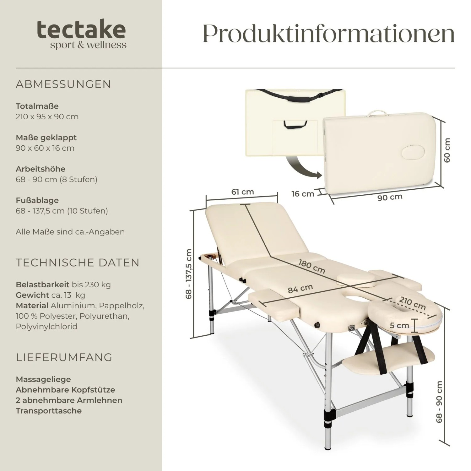 Tectake 3 Zonen Massageliege  Breite 61 cm  Polsterung 5 cm Inklusive Tragetasche  180 x 61 x 68 cm Beige_6