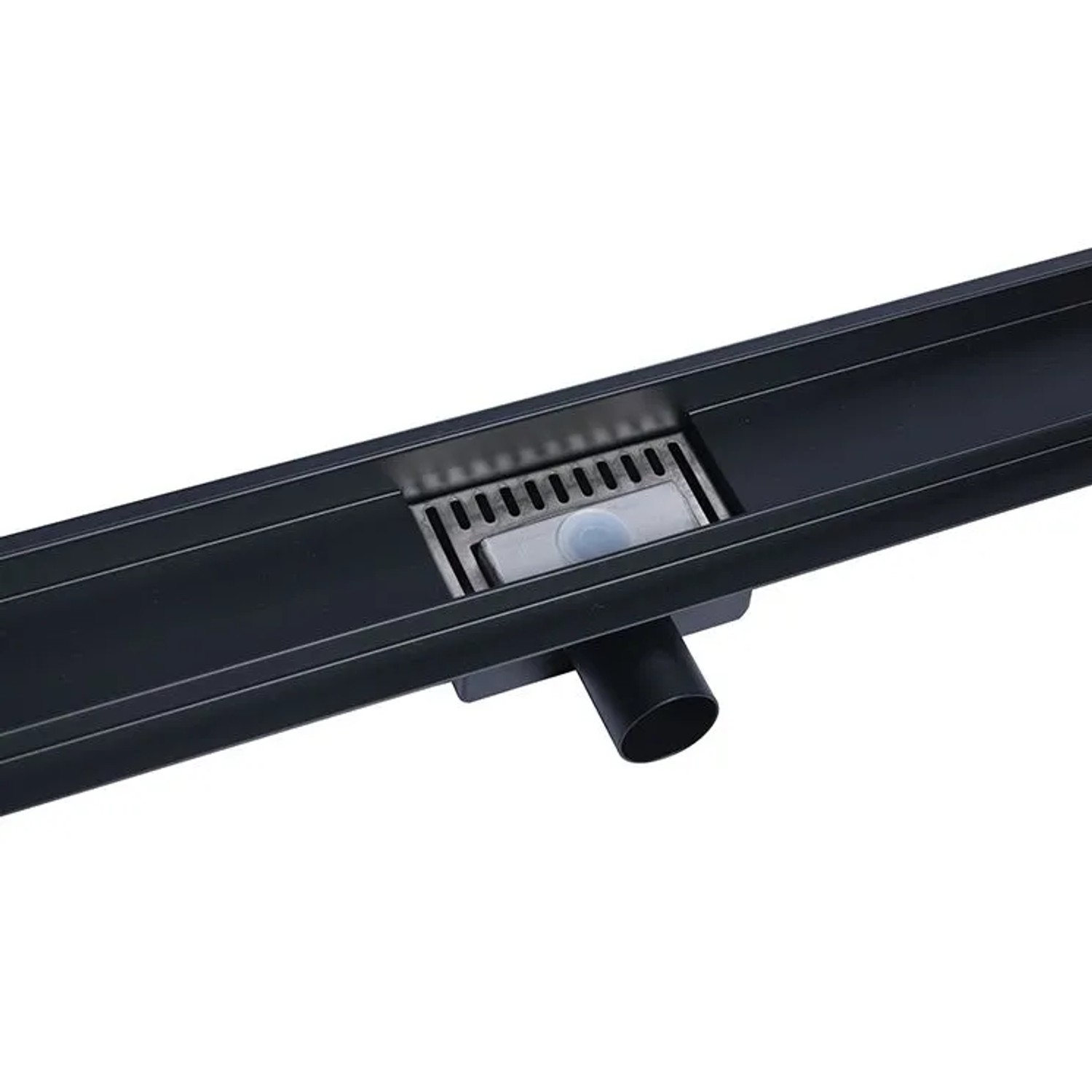 Schwarze Glasdeals Edelstahl-Duschrinne, 80 cm, mit Siphon für bodengleiche Duschen.