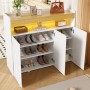 Modernes weißes Sideboard mit LED, Wellenmuster, 3 Türen, offenem Fach und Stauraum für Schuhe.