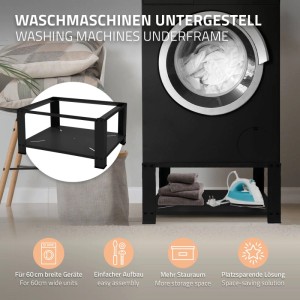 Schwarzes ML-Design Waschmaschinen Untergestell aus Stahl mit Ablage, 63x54cm. Erhöht die Maschine, bietet Stauraum.