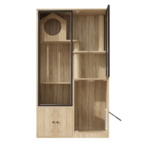 Merax Katzenhaus aus hellem Holz, mehrstöckig, mit Kratzsäule und Glastüren. Indoor Kletterhaus für Katzen.