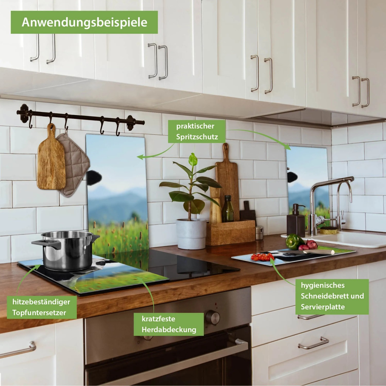 Banjado 2-teilige Herdabdeckplatte aus Glas mit Bergmotiv als Schneidebrett und Spritzschutz.