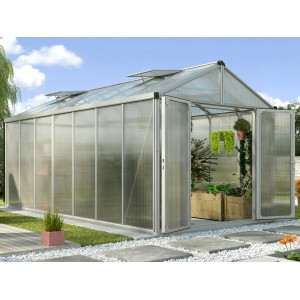 Vitavia Gewächshaus Zeus Comfort 13800 mit Alu-Rahmen und geöffneten Türen.