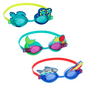 Bestway Schwimmbrillen Aqua Pals, 3-fach sortiert, mit Motiven wie Hai, Meerjungfrau und Schildkröte.