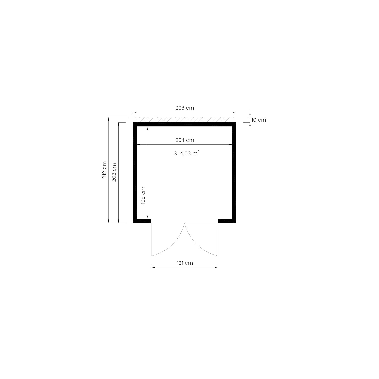 Grundriss Gartenhaus Bertilo Box 3: 208x202cm, Fläche 4,03 m², mit Maßen für Wände und Tür.
