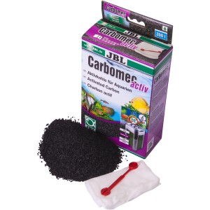 JBL Carbomec activ Aktivkohle für Aquarienfilter, mit Zubehör und Verpackung.