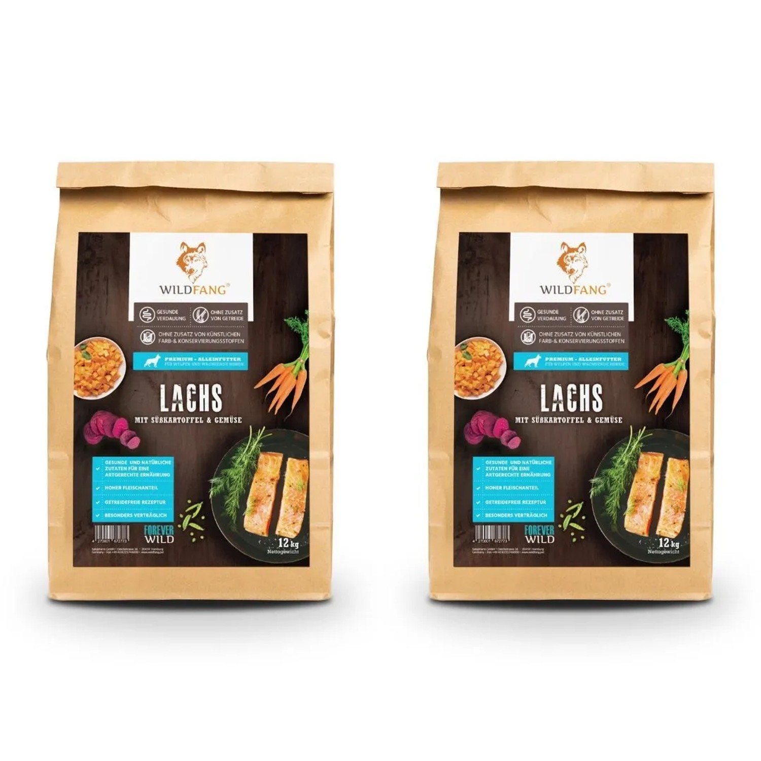 Wildfang Junior Trockenfutter mit Lachs für Welpen getreidefrei 2 x 6 kg