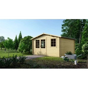 Gartenhaus Altanka Gerätehaus aus Holz, 4x4 m, 40 mm, im Garten. Holzhaus mit Doppeltür und zwei Fenstern.
