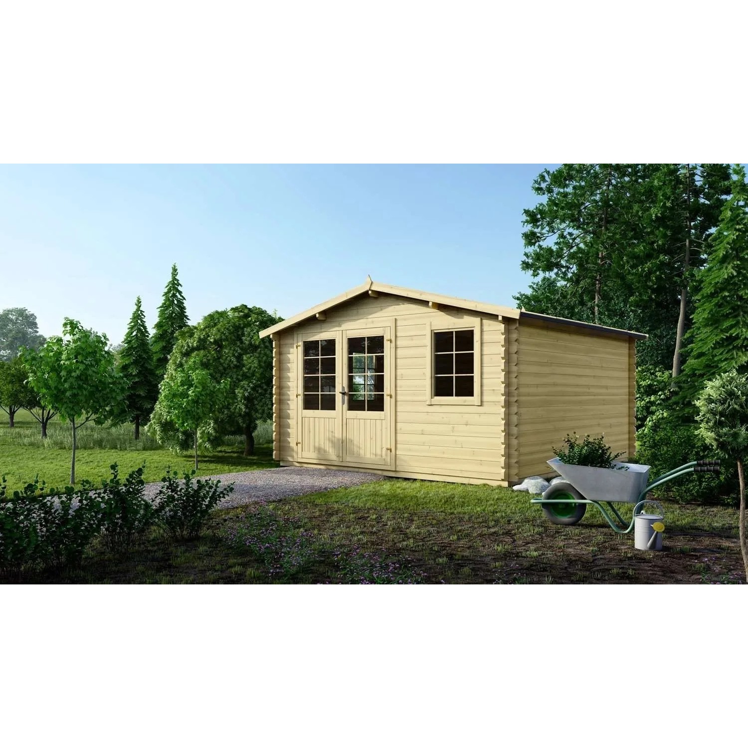 Gartenhaus Altanka Gerätehaus aus Holz, 4x4 m, 40 mm, im Garten. Holzhaus mit Doppeltür und zwei Fenstern.