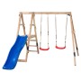 Swing King Schaukel Ava mit blauer Rutsche und zwei roten Schaukelsitzen aus Holz.