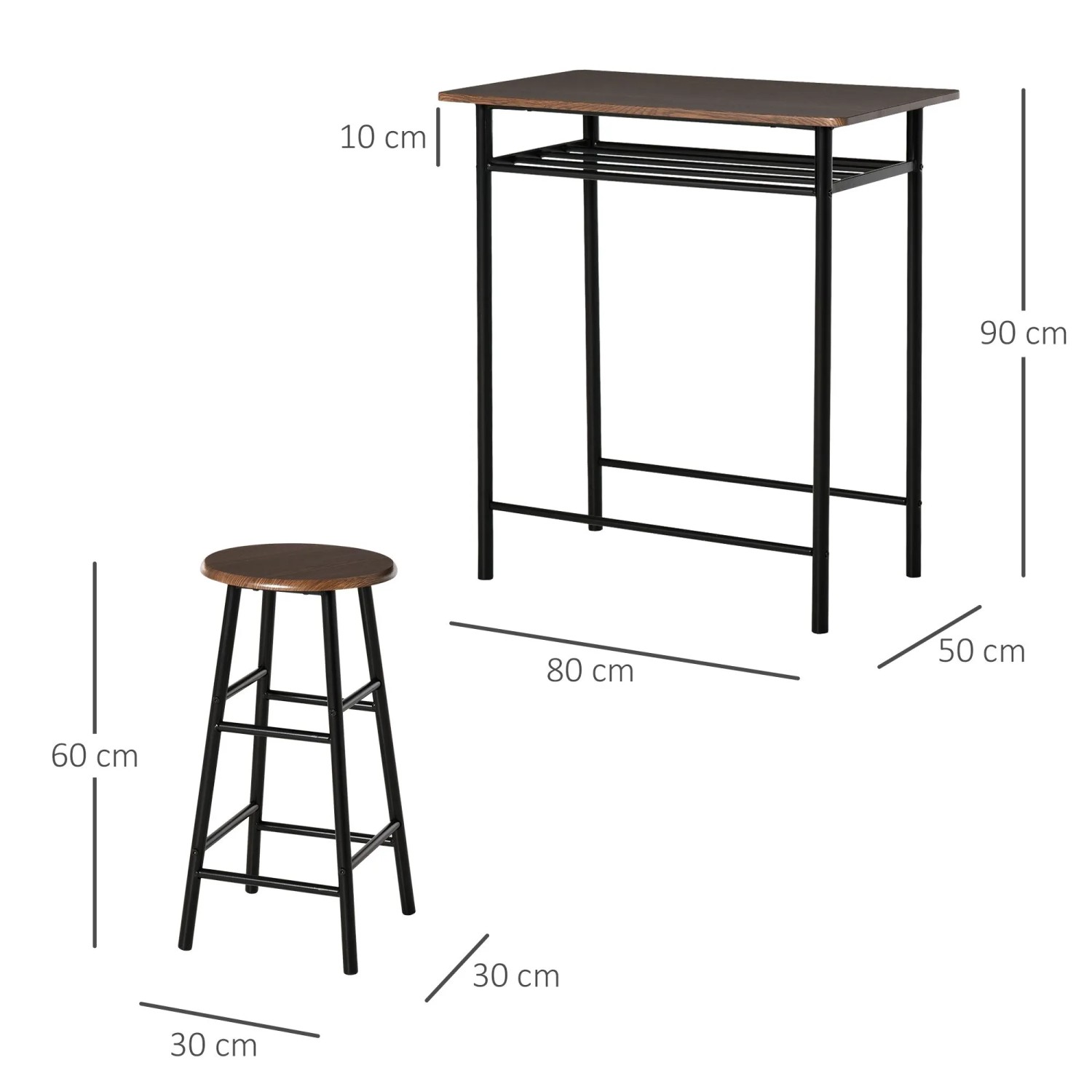 HOMCOM Bartisch Set: Schwarzer Metalltisch mit Eiche-Platte, Ablagefach und zwei Barhockern. Industrieller Stil.