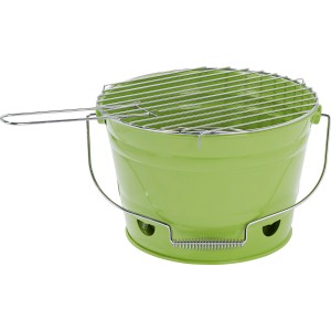 Grüner Eimergrill, tragbarer Holzkohlegrill mit Grillrost und Tragegriff.