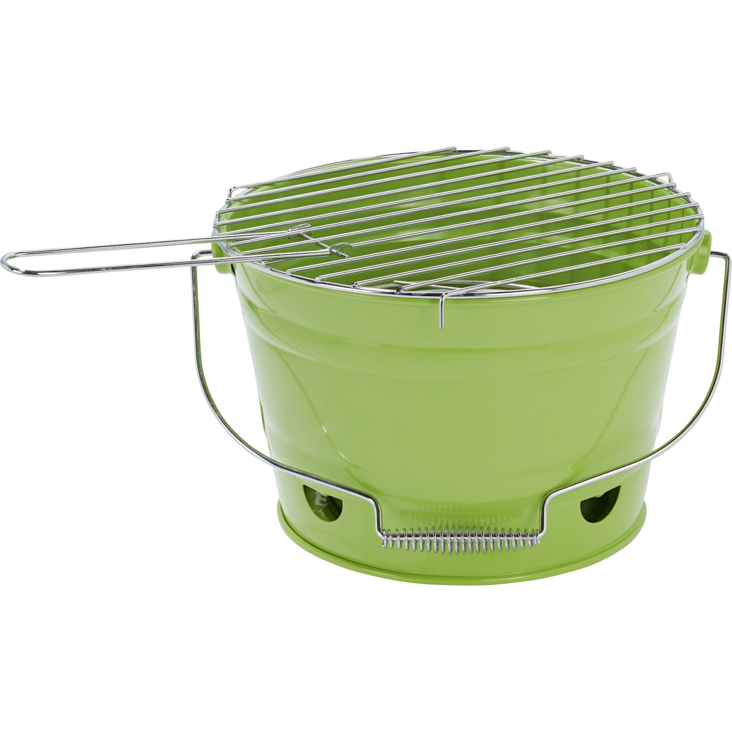 Grüner Eimergrill, tragbarer Holzkohlegrill mit Grillrost und Tragegriff.