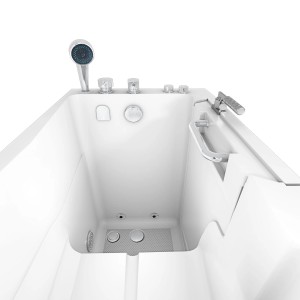 Weiße AquaVapore Sitzbadewanne mit Tür, Whirlpoolfunktion, Armaturen und Handbrause.