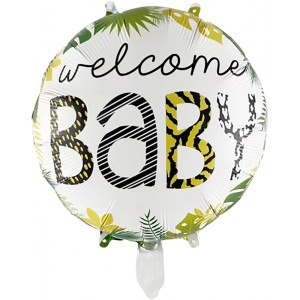 Mehrfarbiger, runder Folienballon "Welcome Baby" mit Dschungelmotiven, Ø 42 cm.