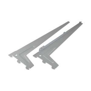 Zwei silberne Einloch-Winkelträger, 48 cm, für Regalböden und Möbelbau.